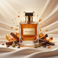 صورة منتج عطر شغف التوقيعي بخلفية كريمية فاتحة والاسم SHAGHAF على الزجاجة مع قرفة وهيل وعود وعنبر