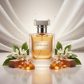 صورة منتج عطر ضوء الفضة بخلفية فضية متألقة والاسم SILVER LIGHT على الزجاجة مع أزهار برتقال وعنبر وأخشاب