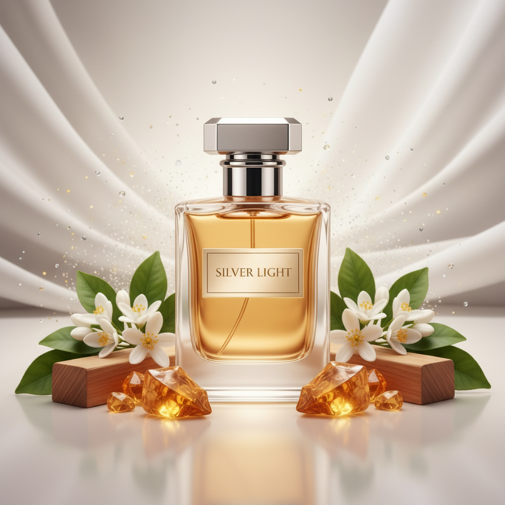 صورة منتج عطر ضوء الفضة بخلفية فضية متألقة والاسم SILVER LIGHT على الزجاجة مع أزهار برتقال وعنبر وأخشاب