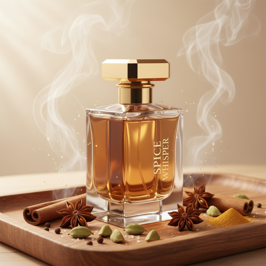 صورة منتج عطر همس التوابل بمنظور جانبي على صينية خشبية والاسم SPICE WHISPER مع توابل ودخان خفيف