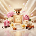 صورة منتج عطر ابتسامة السكر بخلفية حريرية ذهبية والاسم SUGAR SMILE على الزجاجة مع أزهار وكراميل وفانيليا وسكر