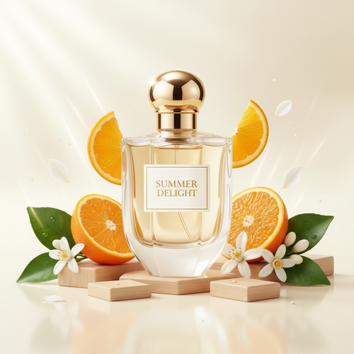 صورة منتج عطر بهجة الصيف بخلفية كريمية مشرقة والاسم SUMMER DELIGHT على الزجاجة مع برتقال وأزهار برتقال وأخشاب