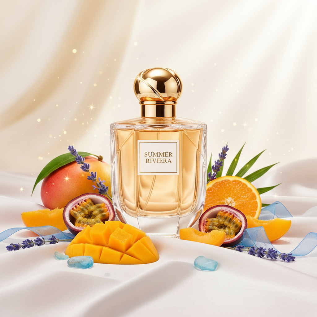 صورة منتج عطر ريفيرا الصيف بخلفية حريرية كريمية ولمسات زرقاء والاسم SUMMER RIVIERA على الزجاجة مع مانجو وباشون فروت