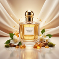 صورة منتج عطر عنبر الغسق بخلفية كريمية دافئة والاسم TWILIGHT AMBER على الزجاجة مع أزهار ياسمين وعنبر