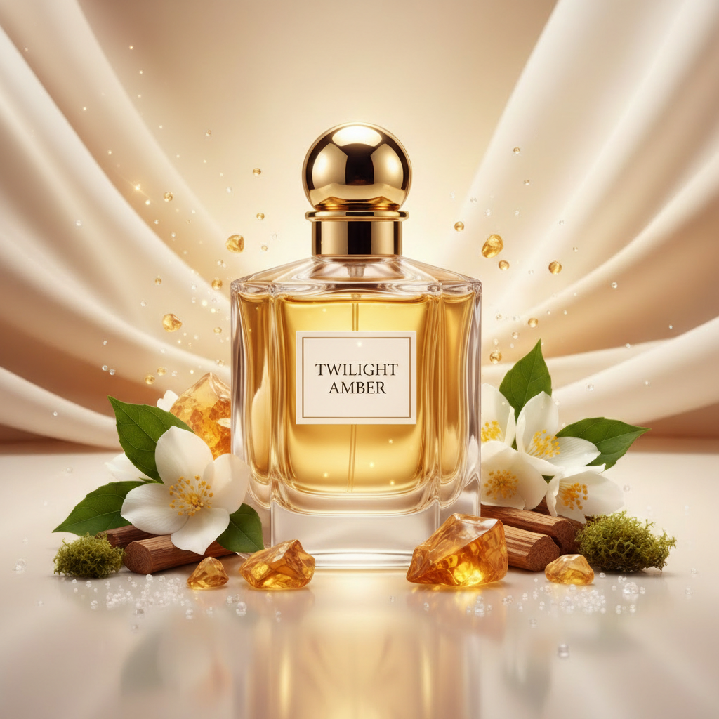 صورة منتج عطر عنبر الغسق بخلفية كريمية دافئة والاسم TWILIGHT AMBER على الزجاجة مع أزهار ياسمين وعنبر