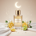 صورة منتج عطر قمر أبيض بهلال أبيض متوهج والاسم WHITE MOON على الزجاجة مع أزهار بيضاء وحمضيات