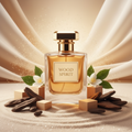 صورة منتج عطر روح الخشب بخلفية رملية فاتحة والاسم WOOD SPIRIT على الزجاجة مع رقائق عود ومكعبات خشبية وأزهار