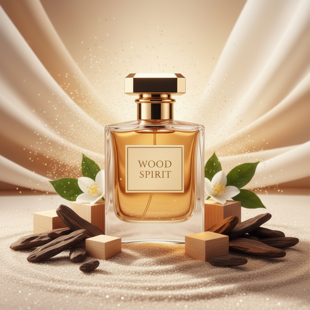 صورة منتج عطر روح الخشب بخلفية رملية فاتحة والاسم WOOD SPIRIT على الزجاجة مع رقائق عود ومكعبات خشبية وأزهار